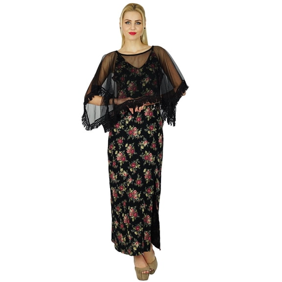 Bimba Women Long Maxi Floral Printed Side Slit Dress Comes With Chic Poncho Top