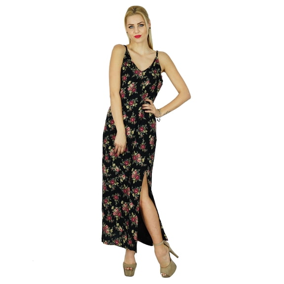 Bimba Women Long Maxi Floral Printed Side Slit Dress Spaghettei Summer Wear