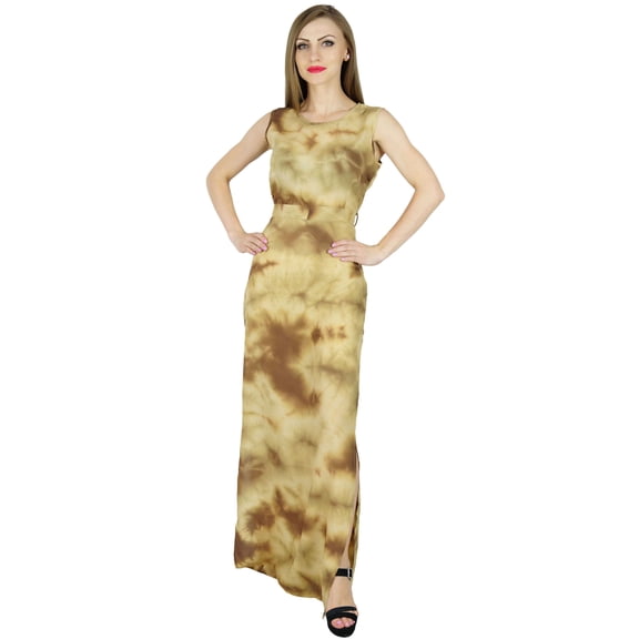 Bimba Women Long Rayon Maxi Dress Tie & Dye Brown Summer Wear Sleeveless Gown