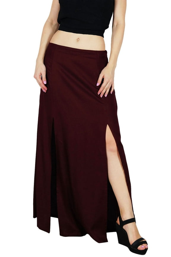 Women Long Rayon Maxi Skirt With Front Slits - Maroon