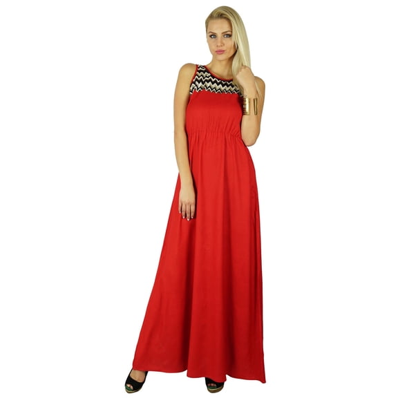 Bimba Women Long Red Maxi Dress Embroidered Neck Trendy Chic Custom Clothing