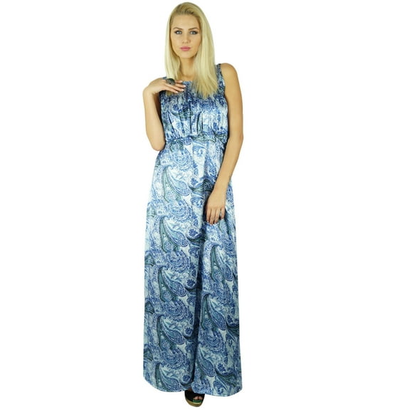 Bimba Women Long Satin Maxi Smocked Waist Sleeveless Dress Boho Gown