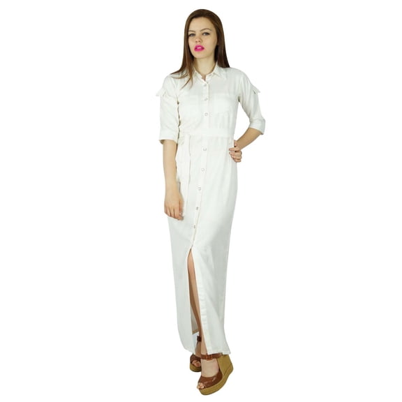 Bimba Women Long Shirt White Rayon Maxi Dress Button Down Gown Chic Style