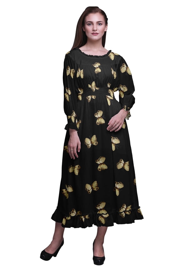Women Long Sleeve SmockedDressRound Neck Ruffle Summer Maxi