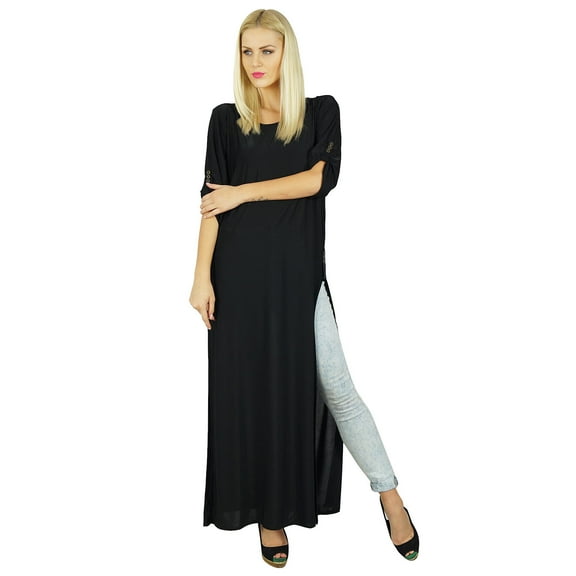 Bimba Women Long Spandex Top Dress with Side Slits Jazzy Casual Clothing Black