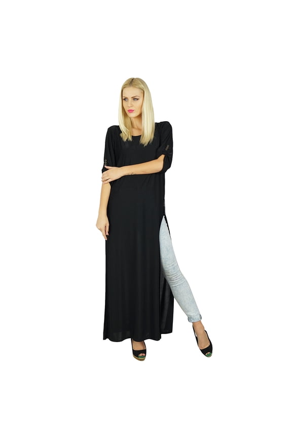 Women Long Spandex Top Dress with Side Slits Jazzy Casual Clothing Black