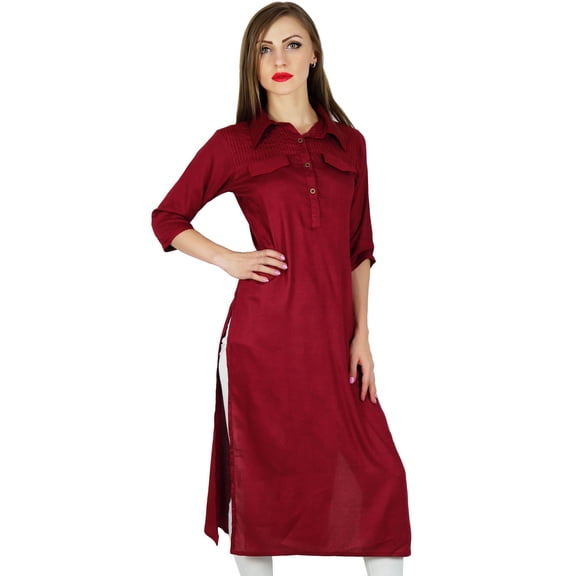 Bimba Women Maroon Collar Neck Kurta Kurti 3/4 Sleeve Ethnic Formal Blouse Indian