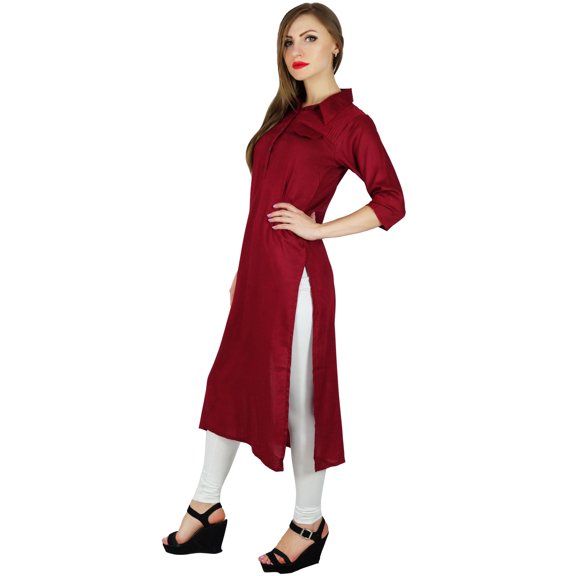 Bimba Women Maroon Collar Neck Kurta Kurti 3/4 Sleeve Ethnic Formal Blouse Indian