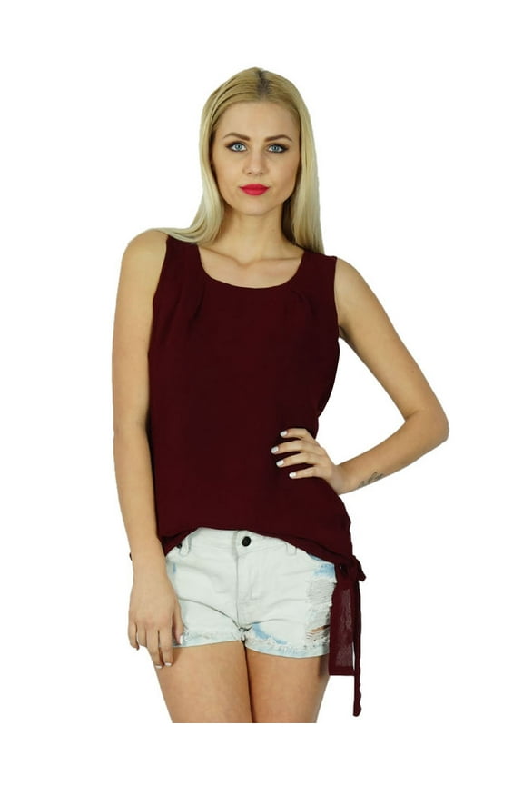Women Maroon Georgette Top Sleeveless Casual Blouse Boho Chic Clothing