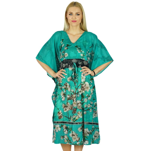 Bimba Women Mid Calf Cotton Custom Kaftan Maxi Coverup Blue Kimono Sleeve Caftan