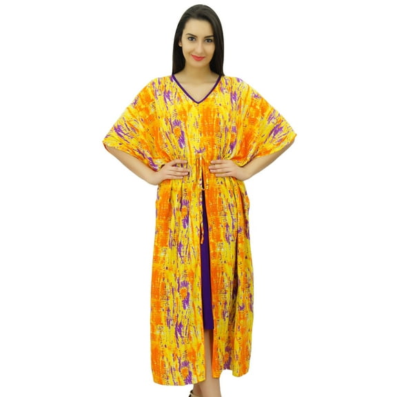 Bimba Women Mid Calf Cotton Kaftan Maxi Coverup Blue Kimono Sleeve Caftan