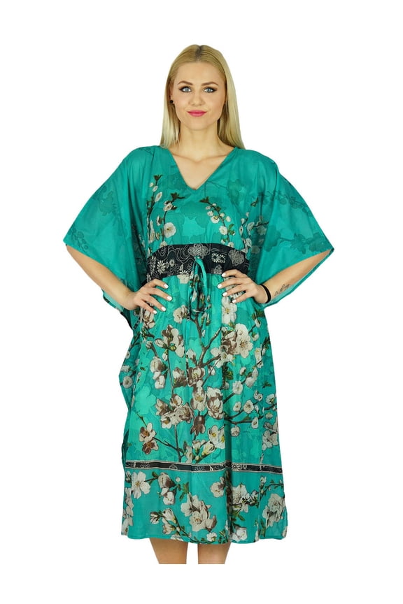 Women Mid Calf Cotton Kaftan Summer Wear Beach Coverup Green Caftan