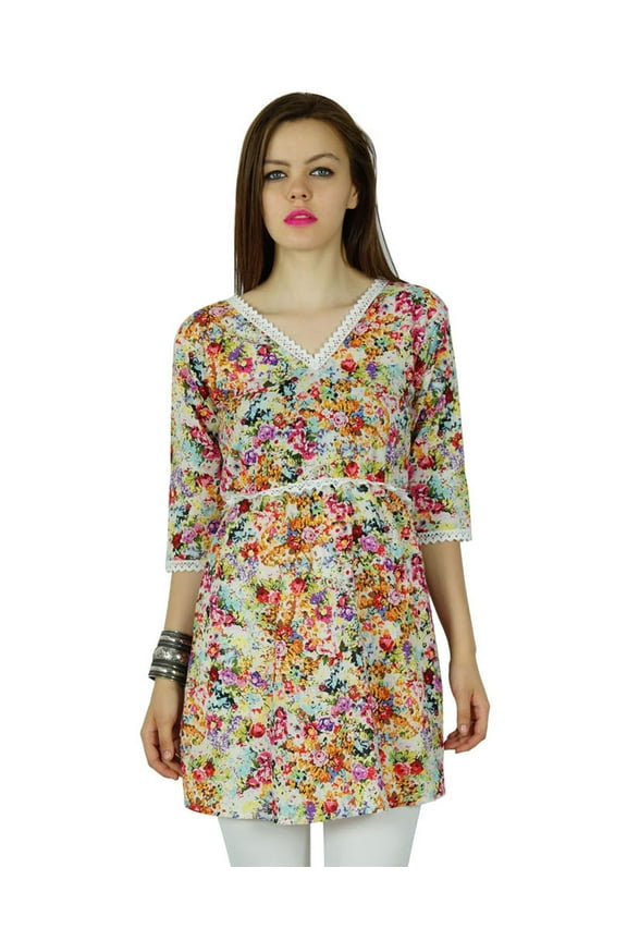 Women Multicolor Short custom Tunic Top Floral Print Kurti Dress Indian Casual Summer Clothing