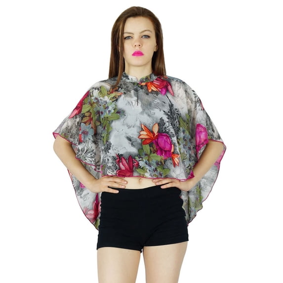 Bimba Women Multicolor custom Poncho Top Floral Georgette Casual Cape Blouse