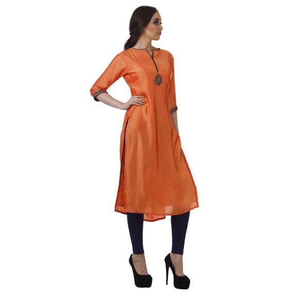 Bimba Women Navy Blue Chic Style Tunic Indian straight Kurta Kurti With Hand-Beaded Work Top Blouse