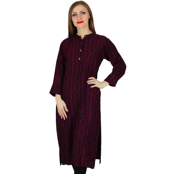 Bimba Women Nehru Collar Rayon Kurta Kurti Printed Long Sleeve Casual Tuic