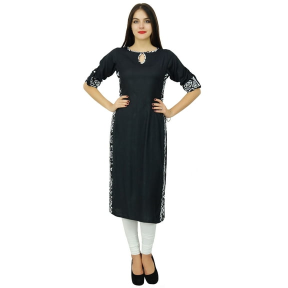 Bimba Women Plain Black Kurta Straight Rayon Kurti Casual Wear Chic Tunic Indian Clothing