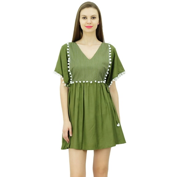 Bimba Women Pom Pom Lace Kaftan Dress Short Kimono Sleeve Designer Beach Dresses