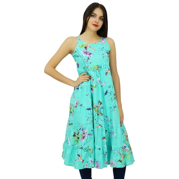 Bimba Women Print Cotton Dress Speghatti Strap Flaired Summer Beach Kurta Kurti Long Tunic Aqua Blue