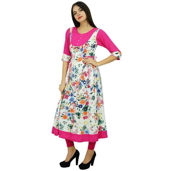 Bimba Women Printed Cotton Kurta Dress White & Pink Ethnic Kurti Clothing