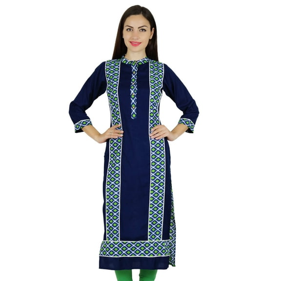 Bimba Women Printed Kurta Blue Kurti Button-Down Rayon Indian Formal Blouse
