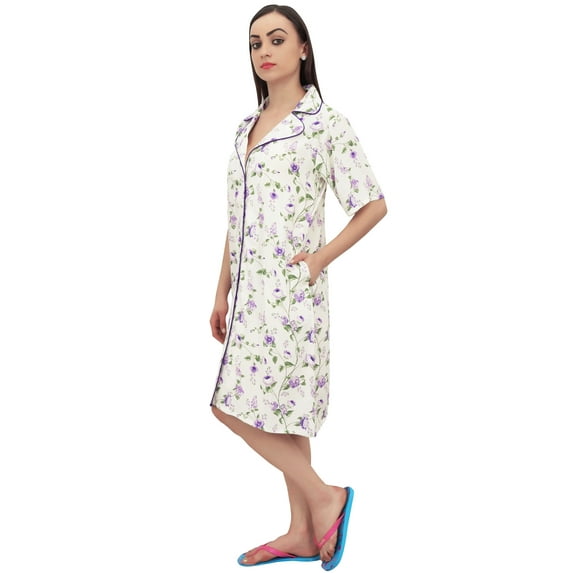 Bimba Women Purple Floral Print Short Sleeve Sleepshirt Nightwear With Pockets - 10