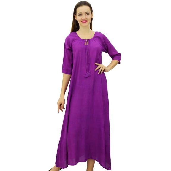 Bimba Women Rayon Purple Night Gown 3/4 Sleeve Long Maxi Night Dress-12