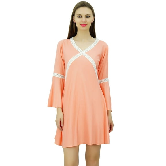 Bimba Women Rayon Short Dress Ruffle Long Sleeve Lace Boho Chic Summer Dresses