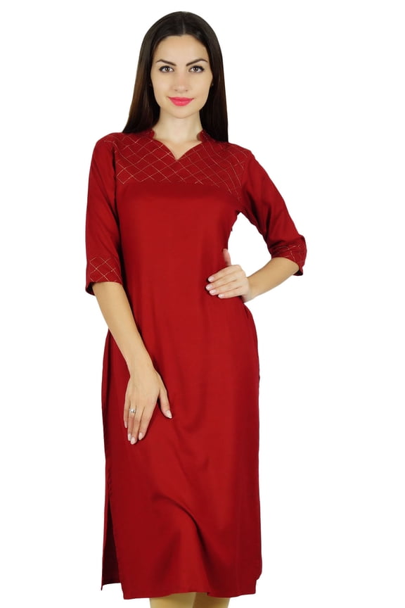 Women Red Cotton Kurta Kurti Solid Tunic 3/4 Sleeve Indian Chic Regular Custom Clothing