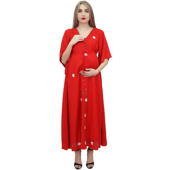 Bimba Women Red Drawstring Maternity Sleepwear 3/4 Sleeve Moms Maxi Dress - 12