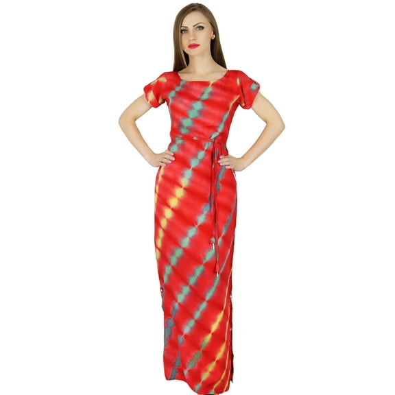 Bimba Women Red Rayon Maxi Dress Tie & Dye Summer Gown W/ Slit Resort Wear