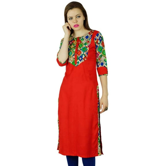 Bimba Women Red Rayon Tunic 3/4 Sleeve Kurta Kurti Casual Formal Clothing