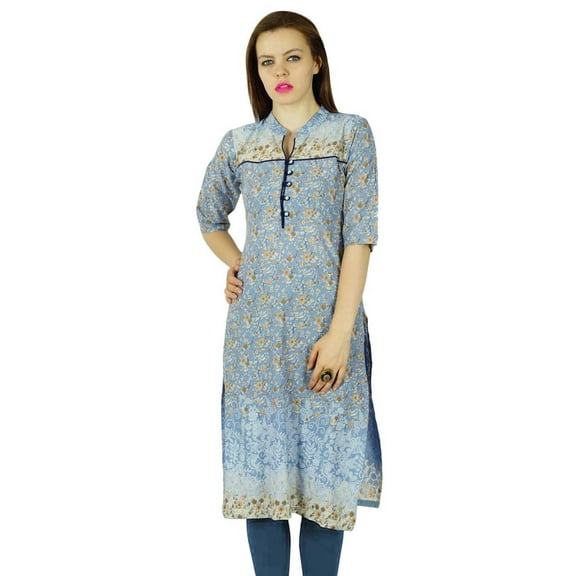Bimba Women Rustic Blue Cotton Kurta Kurti Floral Tunic 3/4 Sleeve