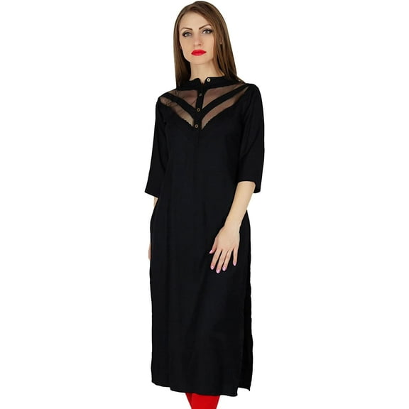 Bimba Women Sheer V-Neck Kurta Kurti Trendy Black Long Blouse Formal Tunic