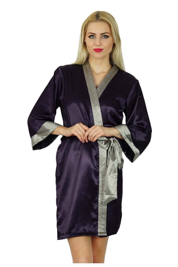 Women Short Classic Satin Robe Getting Ready Bride Bridesmaid Robes Kimono Sleeve Coverup