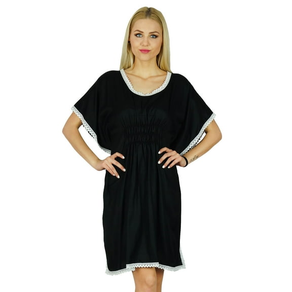 Bimba Women Short Cotton Kaftan Top Sleeve Elastic Back Black Caftan Dress