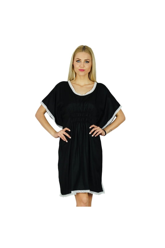 Women Short Cotton Kaftan Top Sleeve Elastic Back Black Caftan Dress