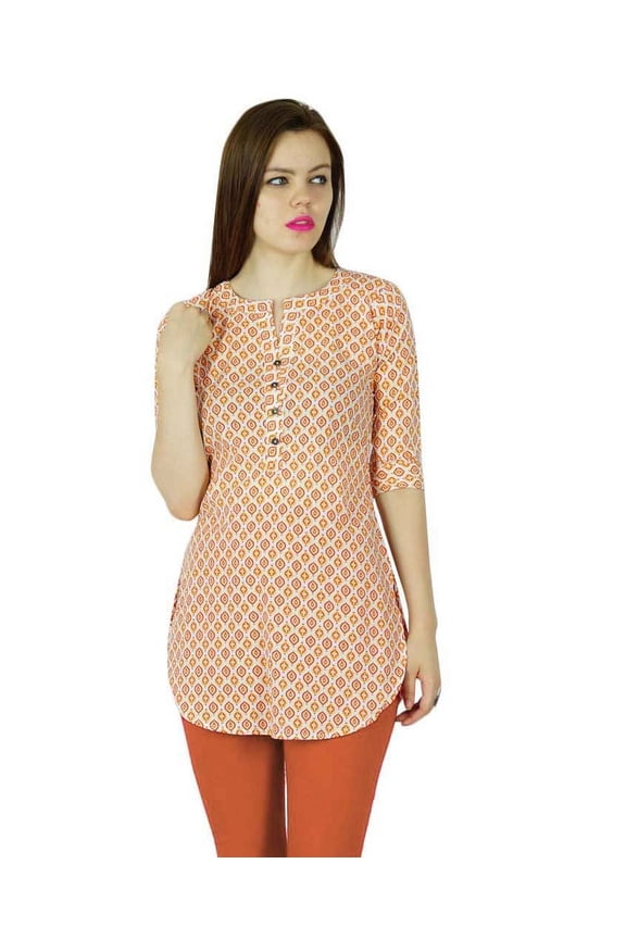 Women Short Cotton Tunic Orange Kurta kurti short Sleeve