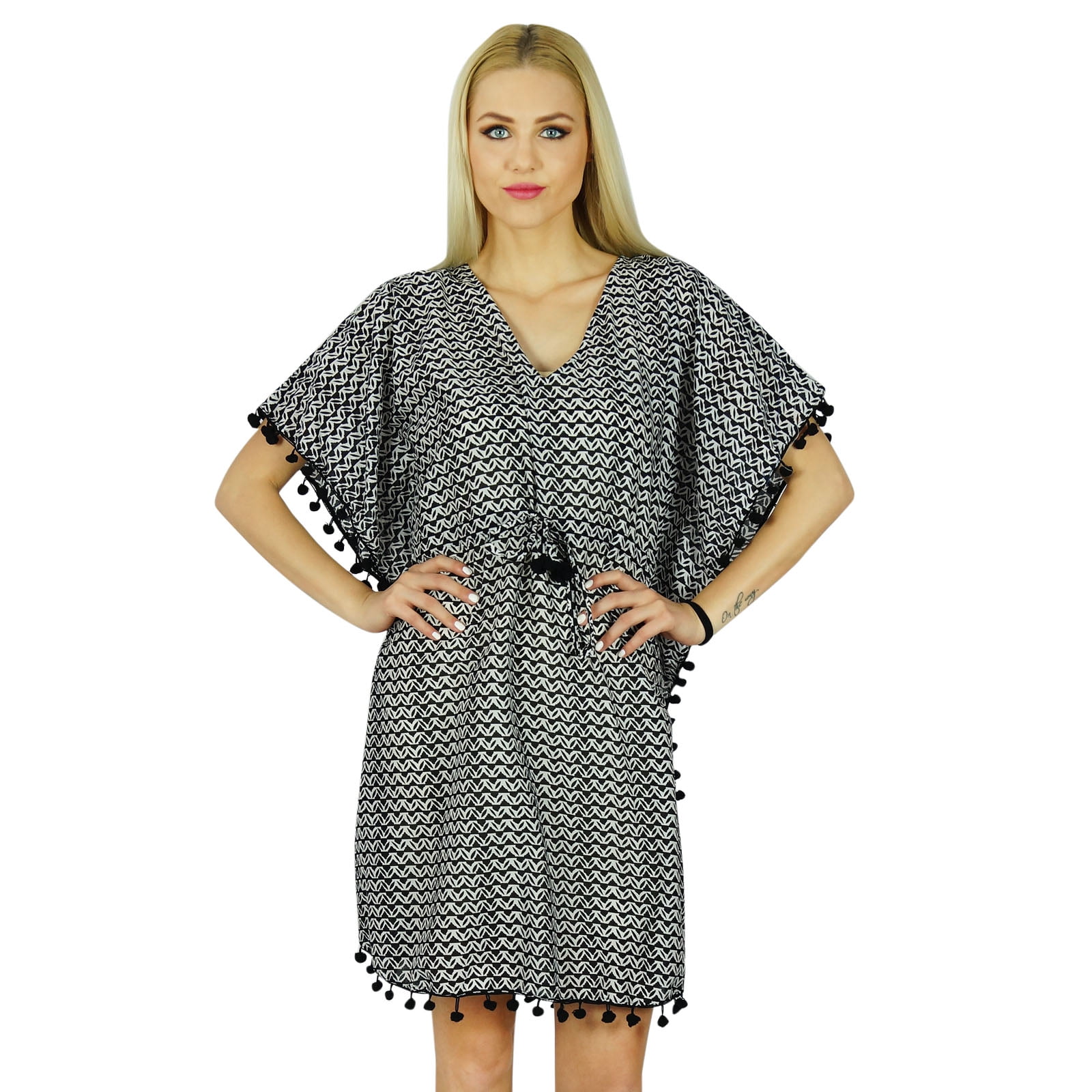 short cotton kaftan dresses Bimba Women Short Kaftan With Pom Pom Lace Black Cotton Caftan Coverup Dress