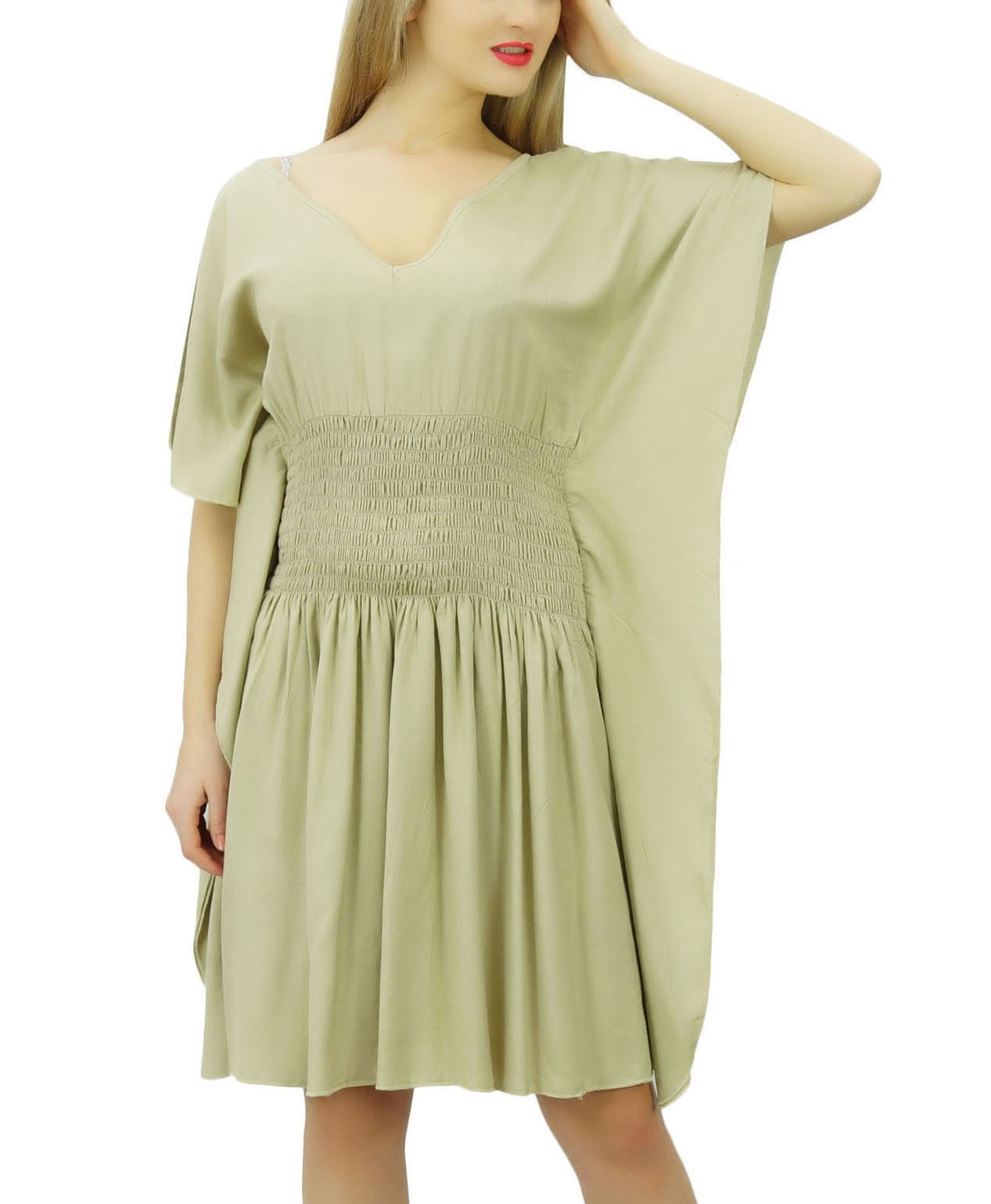 Bimba Women's Short Rayon Kaftan Kimono - Frill Sleeve Cover Up Dress In Off White - View #11