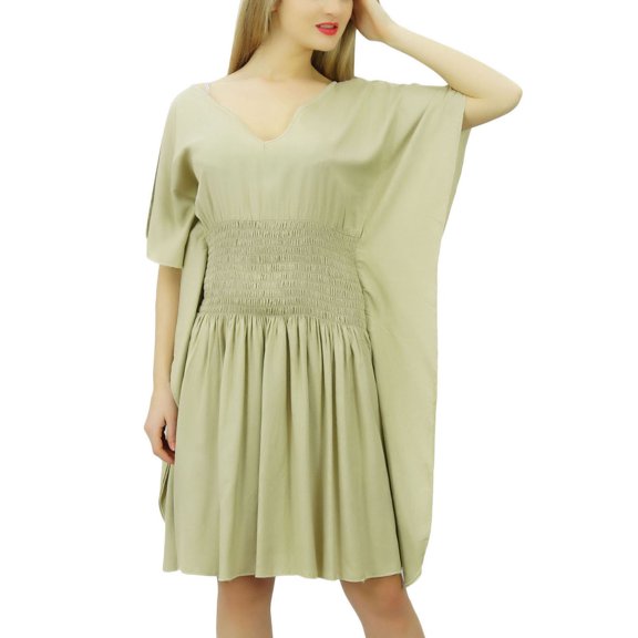 Bimba Women Short Rayon Kaftan Kimono Sleeve Smocket Waist Summer Beach Coverup