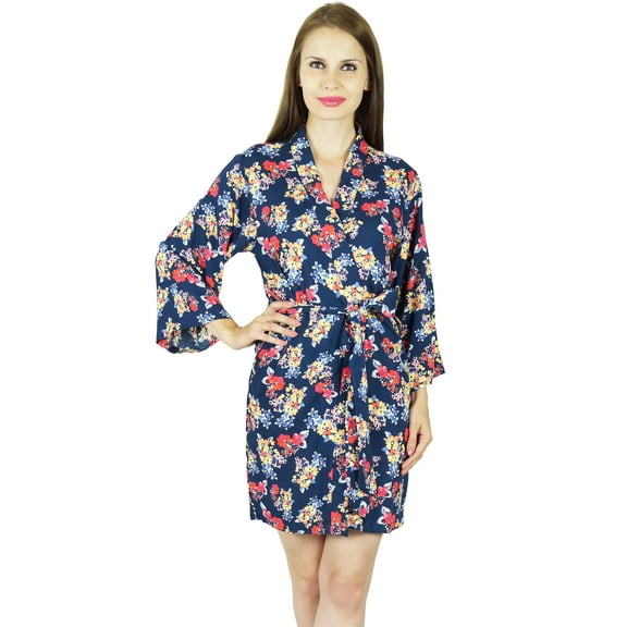 Bimba Women Short Rayon Robe Floral Print Getting Ready Wrap Bridesmaid Gift-Blue