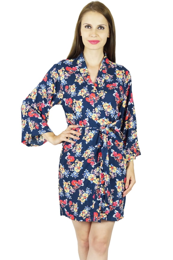 Women Short Rayon Robe Floral Print Getting Ready Wrap Bridesmaid Gift-Blue