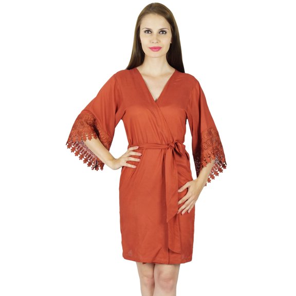 Bimba Women Short Rayon Robe Lace Sleeve Getting Ready Wrap Bridesmaid Gift- Brown