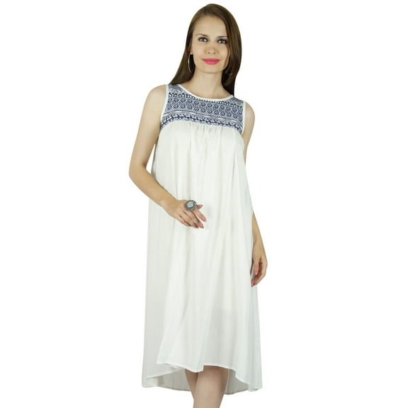 Bimba Women Sleeveless Rayon White Dress Summer Wear Short Tunic