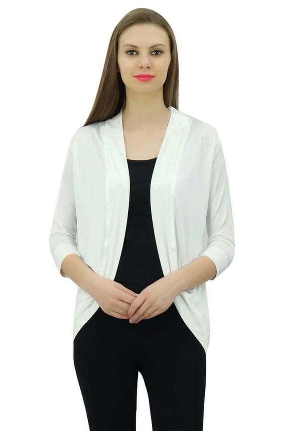 Women Solid Shrug Spandex 3/4 Sleeve Casual Shrug Cardigan White
