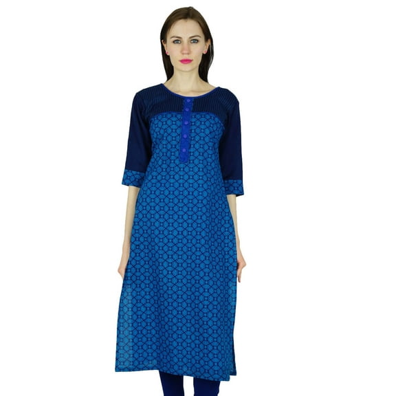 Bimba Women Straight Cotton Kurta Long custom Kurti 3/4 Sleeve Blue Top Ethnic Indian Blouse