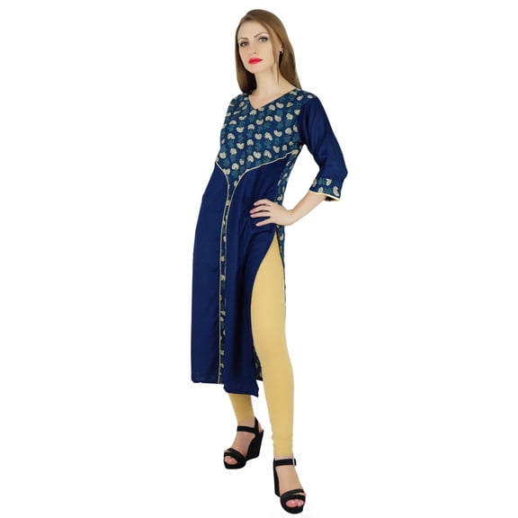 Bimba Women Straight Kurta Kurti Blue Rayon Tunic Casual Summer Indian Blouse