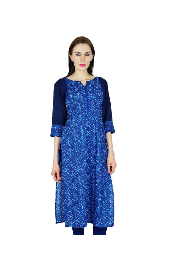 Women Straight Kurta Long Cotton Kurti 3/4 Sleeve Blue Top Ethnic Indian