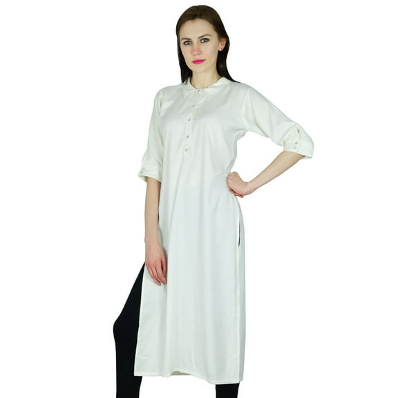 Bimba Women Straight Kurta Long Kurti 3/4 Sleeve White Top Ethnic Indian Rayon